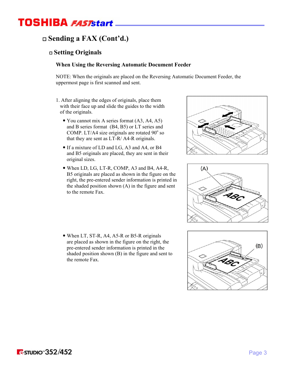 Sending a fax (cont’d.), Setting originals | Toshiba 352/452 User Manual | Page 5 / 17