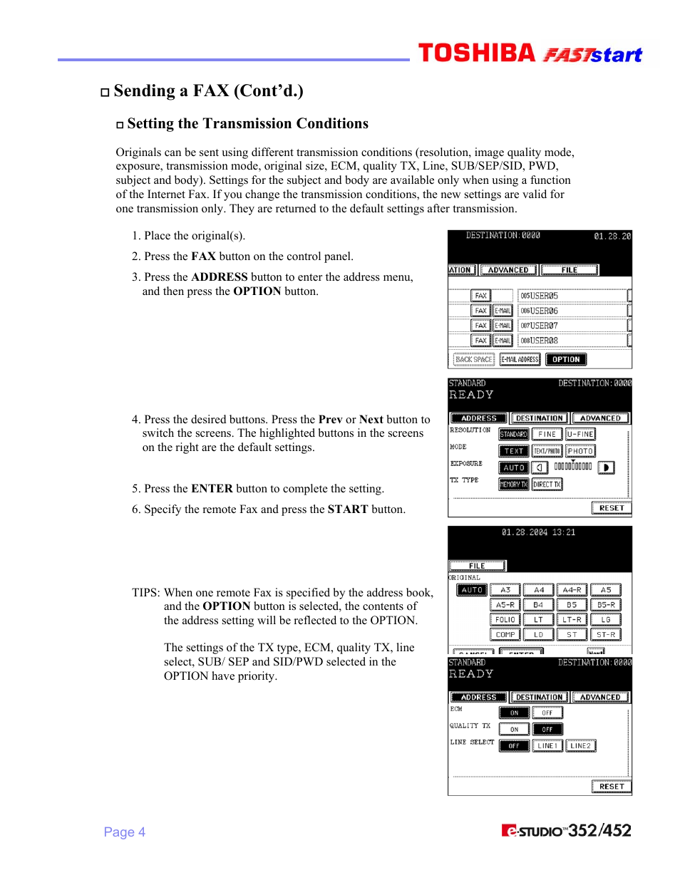 Sending a fax (cont’d.), Setting the transmission conditions | Toshiba 352/452 User Manual | Page 6 / 17