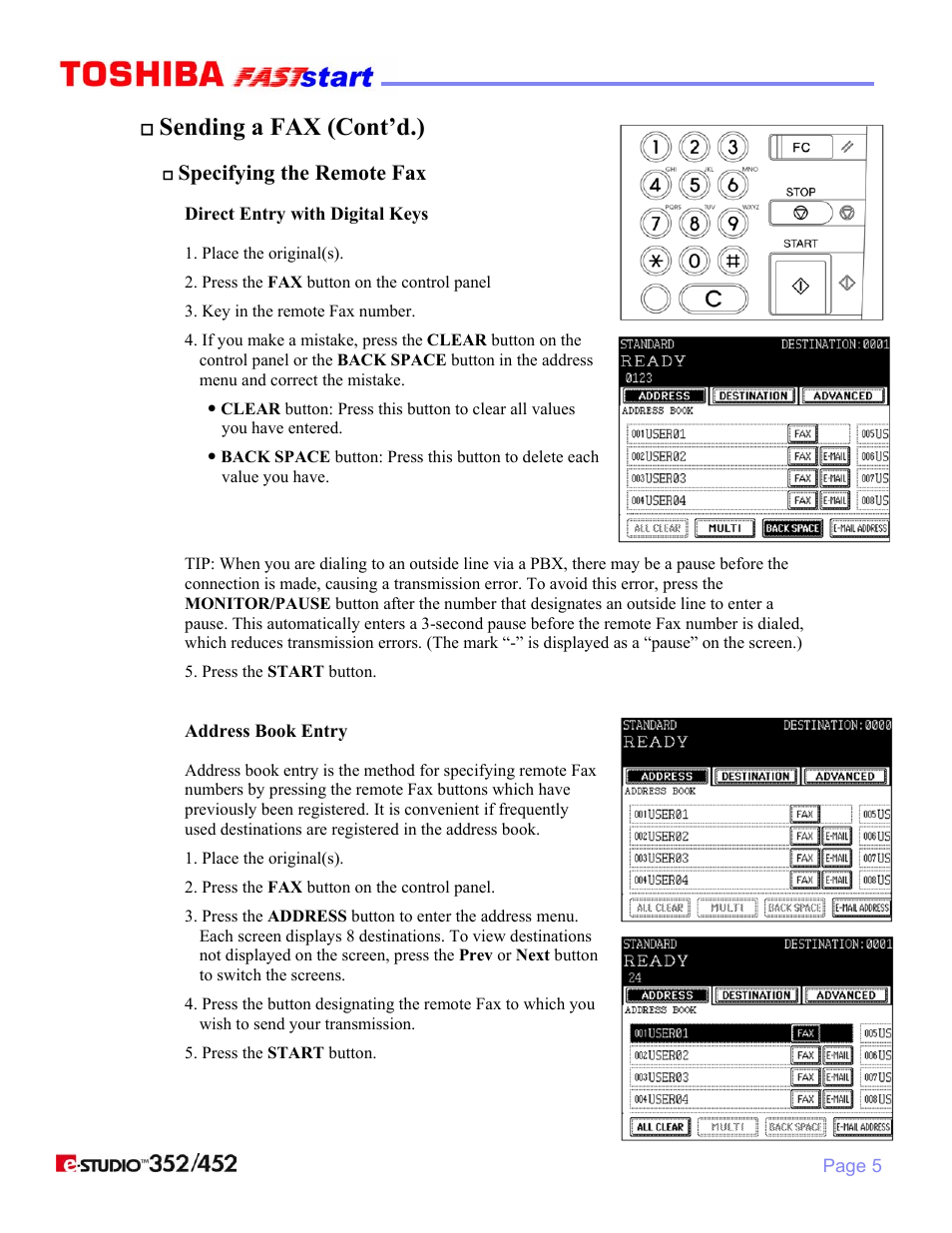 Sending a fax (cont’d.), Specifying the remote fax | Toshiba 352/452 User Manual | Page 7 / 17