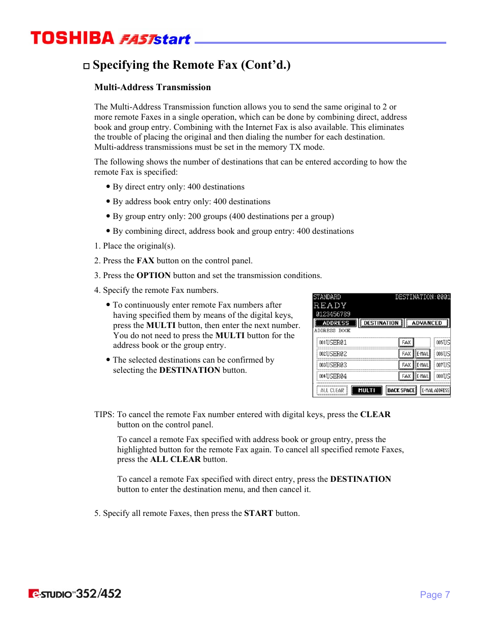 Specifying the remote fax (cont’d.) | Toshiba 352/452 User Manual | Page 9 / 17