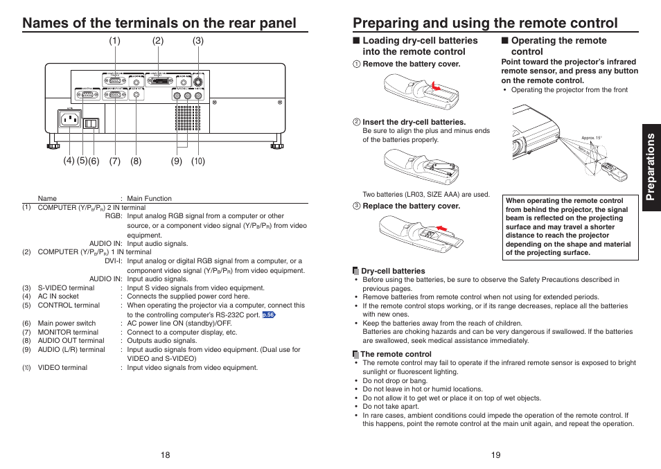 Names of the terminals on the rear panel, Preparing and using the remote control, Preparations | Toshiba Data TDP-T420 User Manual | Page 10 / 29