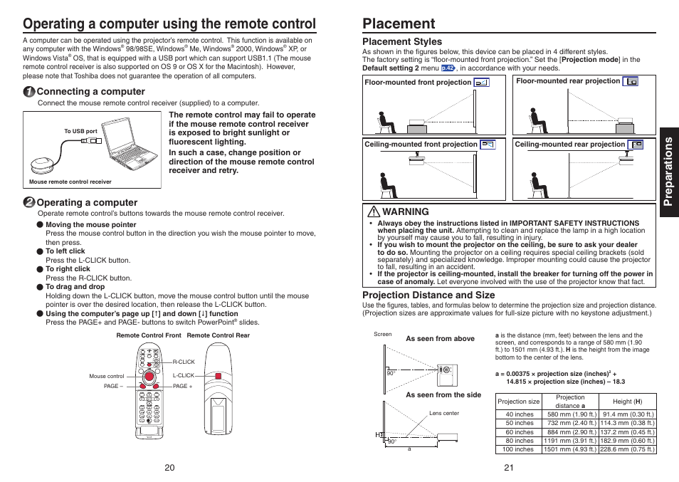 Operating a computer using the remote control, Placement, Preparations | Toshiba Data TDP-T420 User Manual | Page 11 / 29