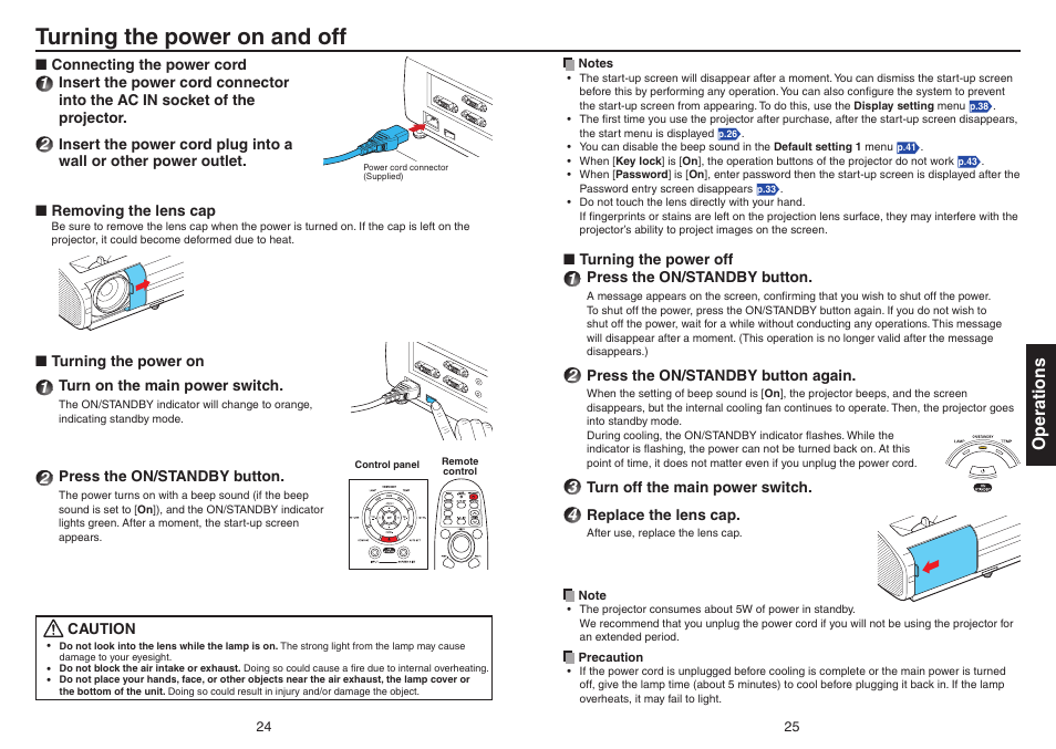 Operations, Turning the power on and off | Toshiba Data TDP-T420 User Manual | Page 13 / 29