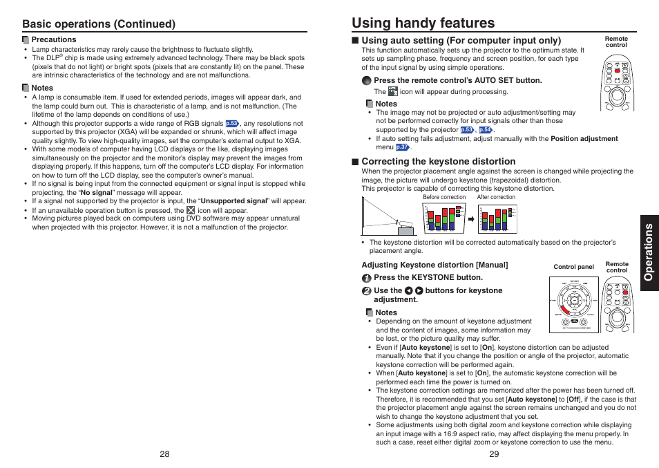 Using handy features, Using auto setting (for computer input only), Correcting the keystone distortion | Operations, Basic operations (continued) | Toshiba Data TDP-T420 User Manual | Page 15 / 29