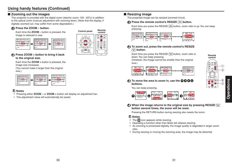 Zooming out the images, Resizing image, Operations | Using handy features (continued) | Toshiba Data TDP-T420 User Manual | Page 16 / 29