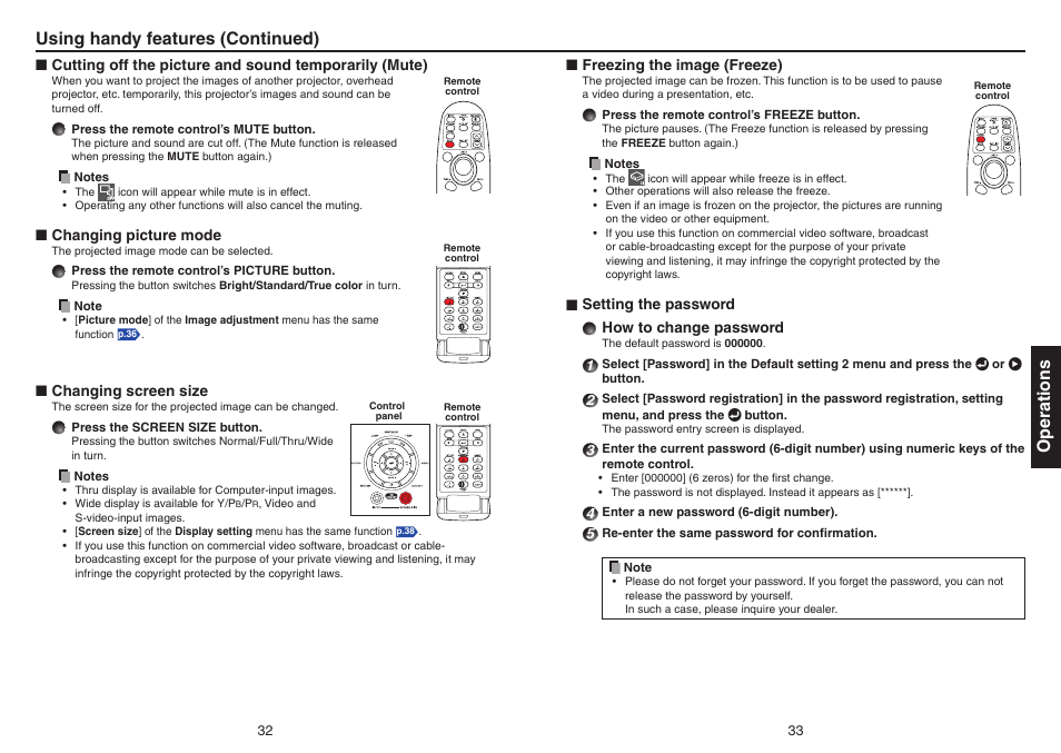 Changing picture mode, Changing screen size, Freezing the image (freeze) | Setting the password, Operations using handy features (continued) | Toshiba Data TDP-T420 User Manual | Page 17 / 29