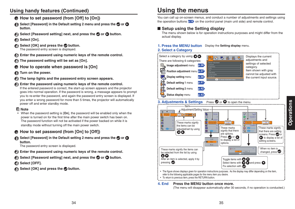 Using the menus, Setup using the setting display, Operations | Using handy features (continued) | Toshiba Data TDP-T420 User Manual | Page 18 / 29