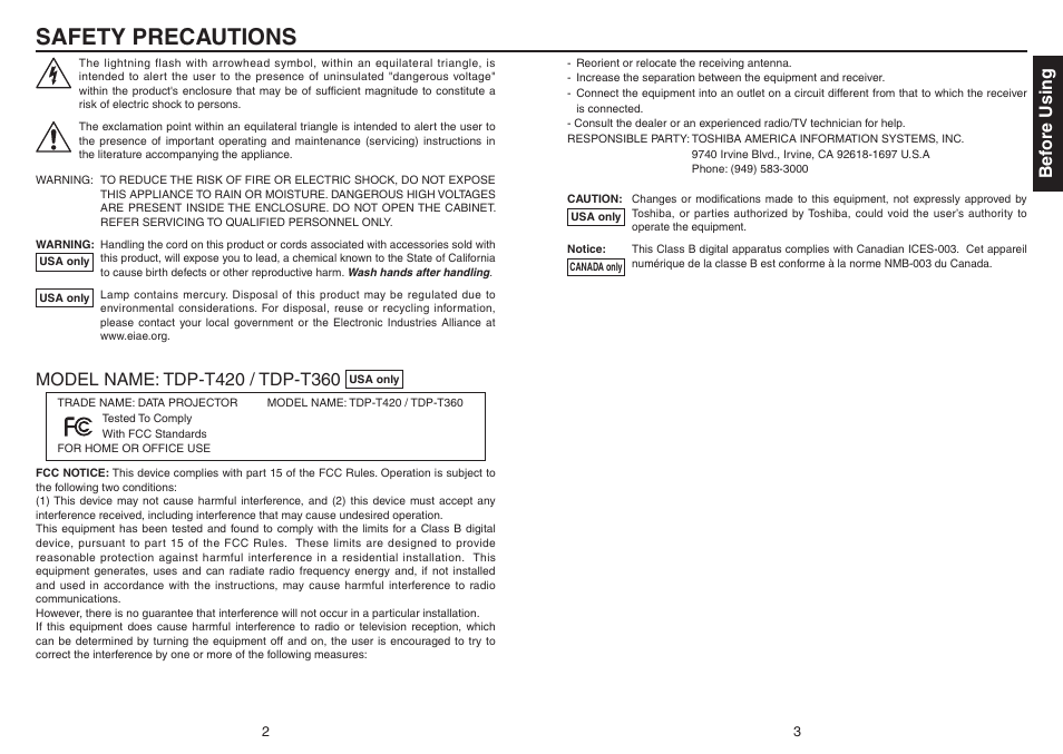 Before using, Safety precautions, Bef ore using | Model name: tdp-t40 / tdp-t60 | Toshiba Data TDP-T420 User Manual | Page 2 / 29