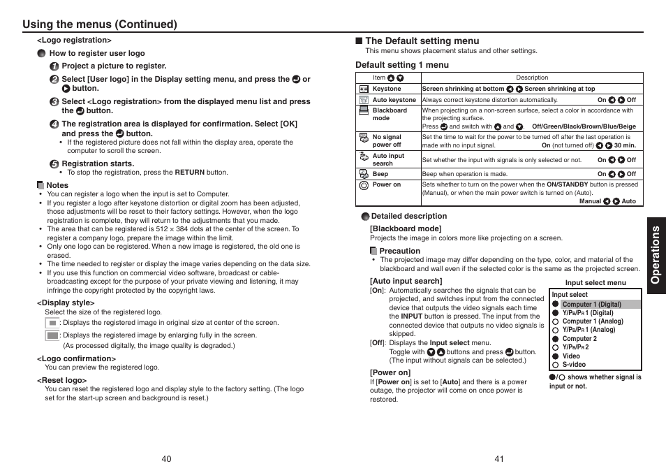 The default setting menu, Operations, Using the menus (continued) | Toshiba Data TDP-T420 User Manual | Page 21 / 29