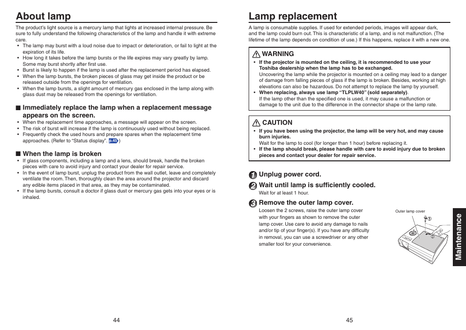 Maintenance, About lamp, Lamp replacement | Toshiba Data TDP-T420 User Manual | Page 23 / 29