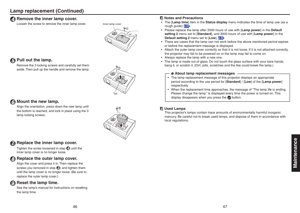 Maintenance, Lamp replacement (continued) | Toshiba Data TDP-T420 User Manual | Page 24 / 29