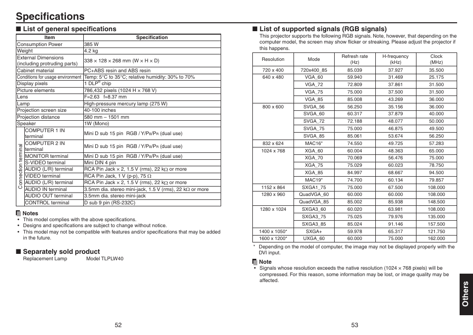 Specifications, Other s, List of general specifications | Separately sold product, List of supported signals (rgb signals) | Toshiba Data TDP-T420 User Manual | Page 27 / 29