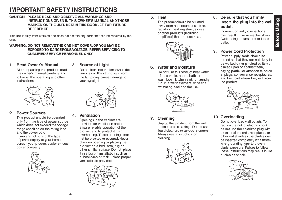 Important safety instructions, Bef ore using | Toshiba Data TDP-T420 User Manual | Page 3 / 29