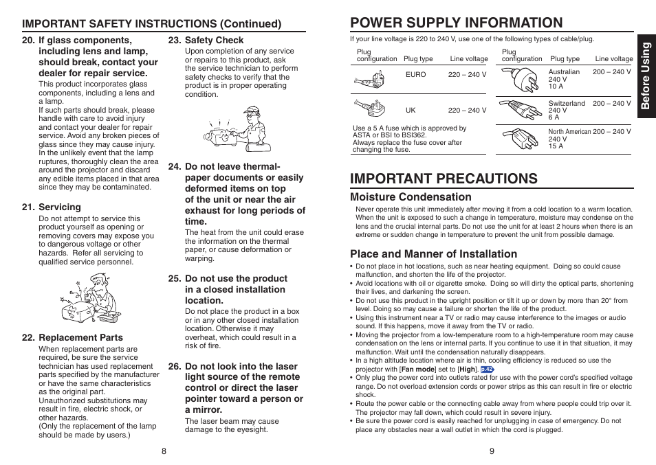 Power supply cord selection, Important precautions, Power supply information | Moisture condensation, Place and manner of installation | Toshiba Data TDP-T420 User Manual | Page 5 / 29