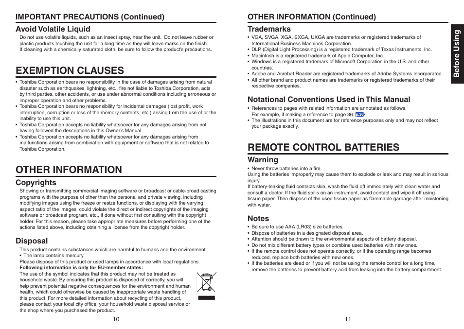 Exemption clauses, Other information, Remote control batteries | Toshiba Data TDP-T420 User Manual | Page 6 / 29