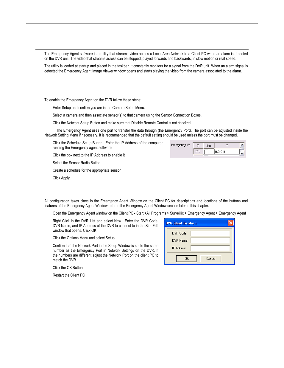 Emergency agent overview, Configuring the dvr, Configuring the client pc | Toshiba DVR16-X User Manual | Page 122 / 141