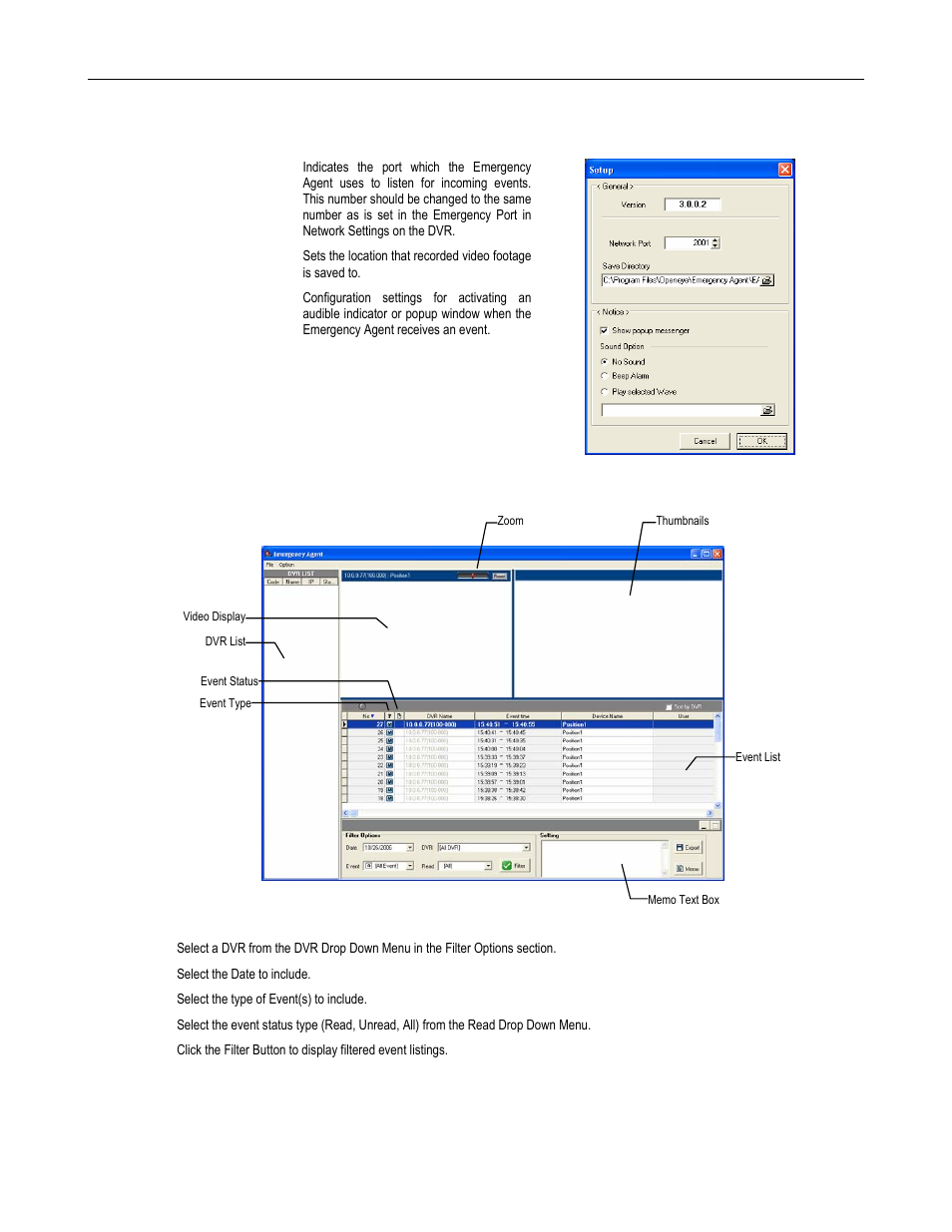 Setup window, Emergency agent window, Filter event list | Toshiba DVR16-X User Manual | Page 123 / 141