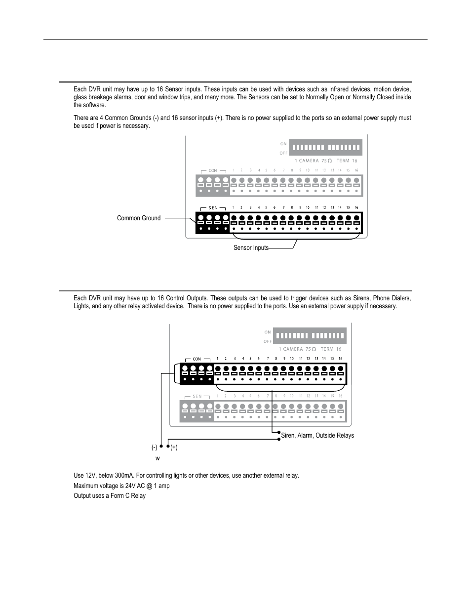 Connecting sensors to the dvr, Connecting control outputs to the dvr | Toshiba DVR16-X User Manual | Page 39 / 141