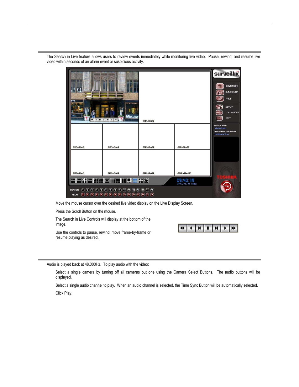 Search in live, Audio playback | Toshiba DVR16-X User Manual | Page 92 / 141