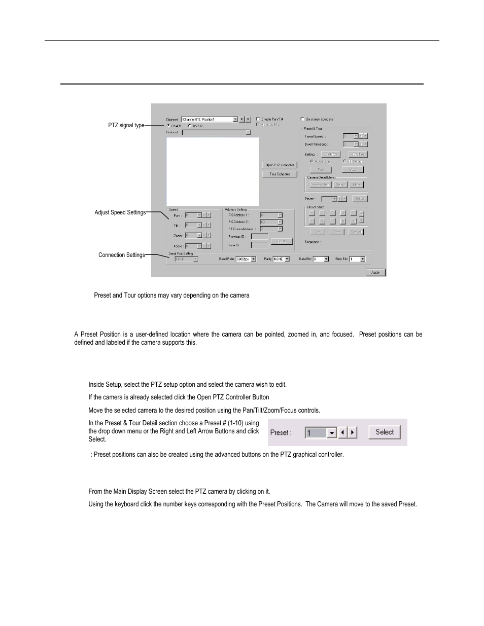 Advanced ptz setup, Creating and viewing preset positions, Creating a preset | Viewing a preset | Toshiba DVR16-X User Manual | Page 97 / 141