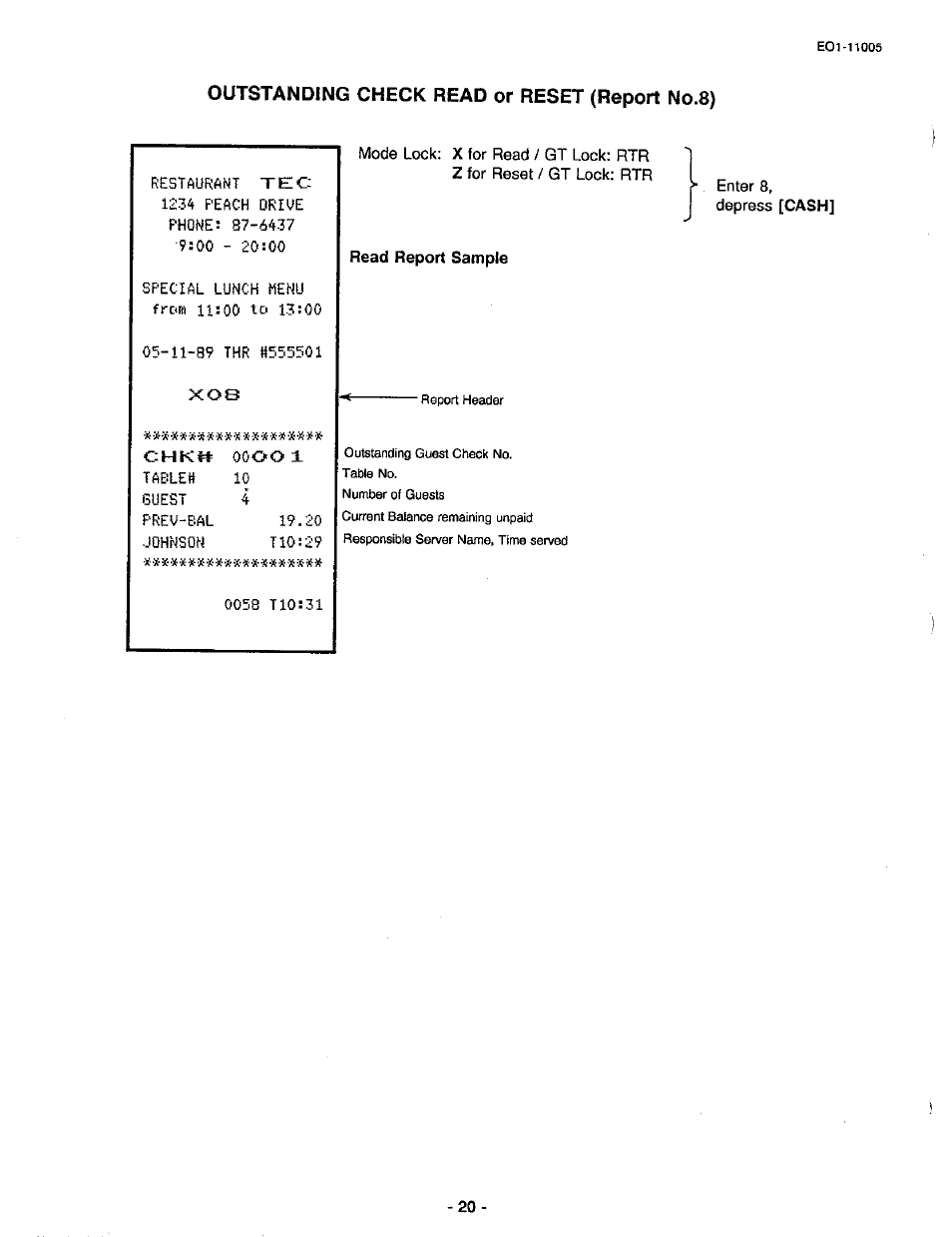 Read report sample, Enter 8, Depress [cash | Toshiba TEC FDS-50 User Manual | Page 102 / 104