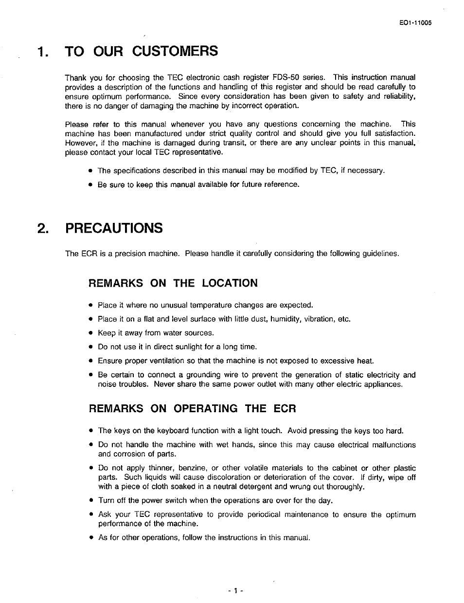 To our customers, Precautions, Remarks on the location | Remarks on operating the ecr | Toshiba TEC FDS-50 User Manual | Page 4 / 104