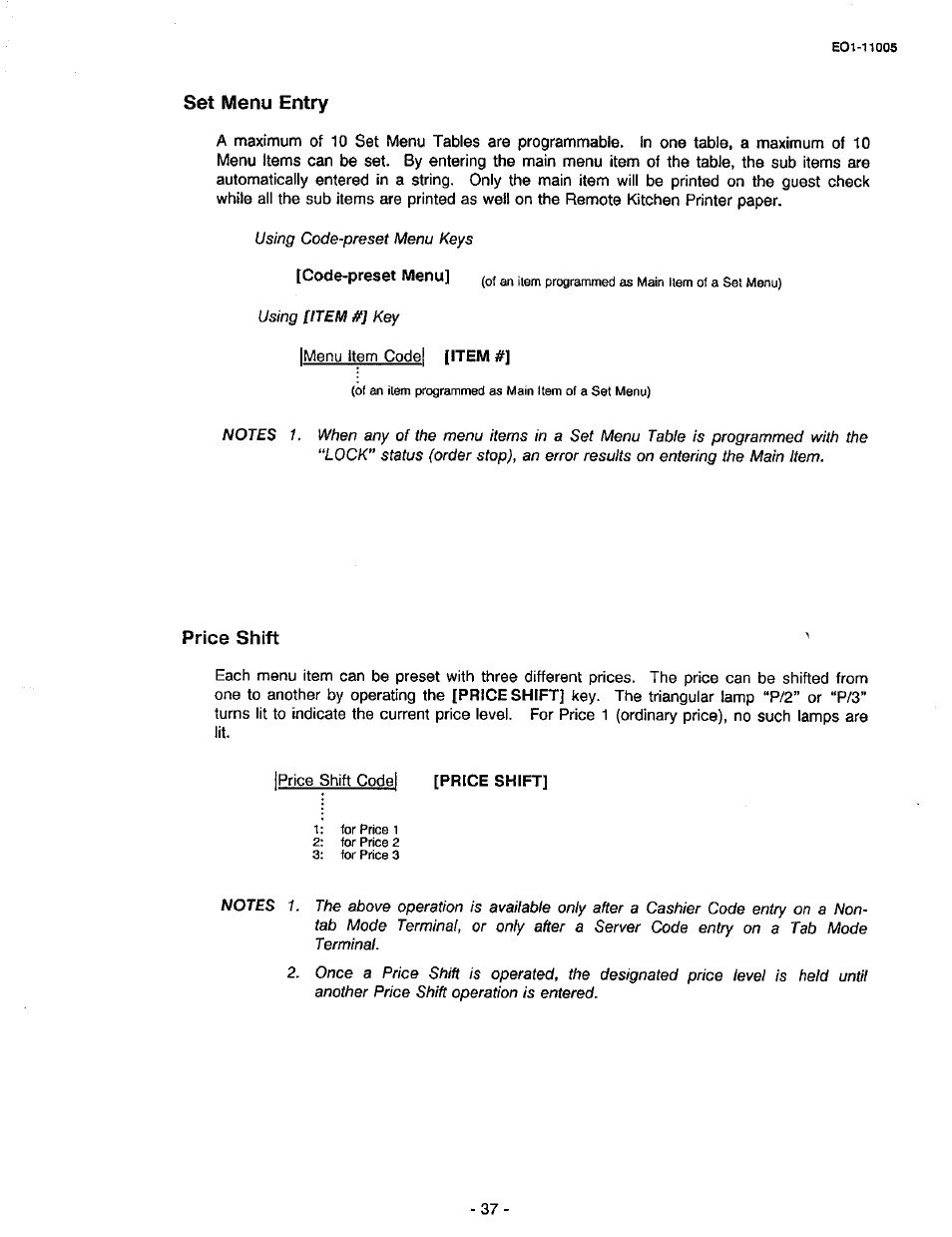 Set menu entry, Price shift, Set menu entry price shift | Toshiba TEC FDS-50 User Manual | Page 40 / 104