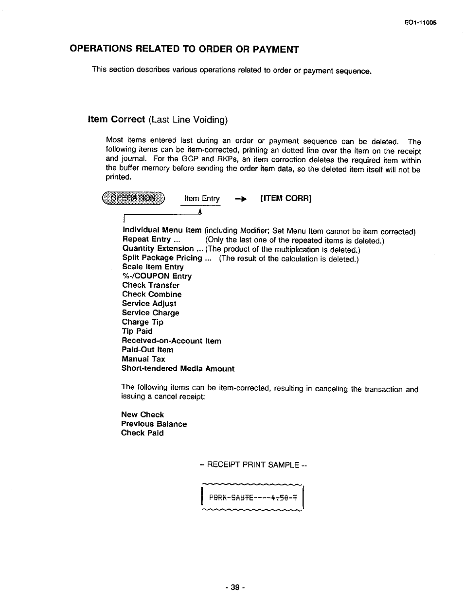 Operations related to order or payment, Item correct (last line voiding) | Toshiba TEC FDS-50 User Manual | Page 42 / 104