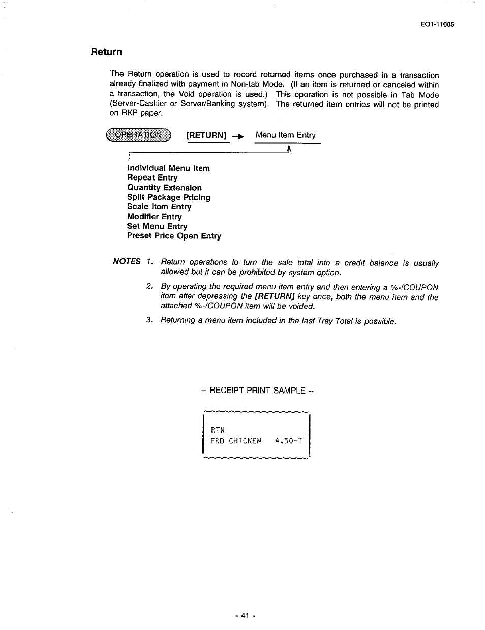 Return, Return] -► menu item entry | Toshiba TEC FDS-50 User Manual | Page 44 / 104