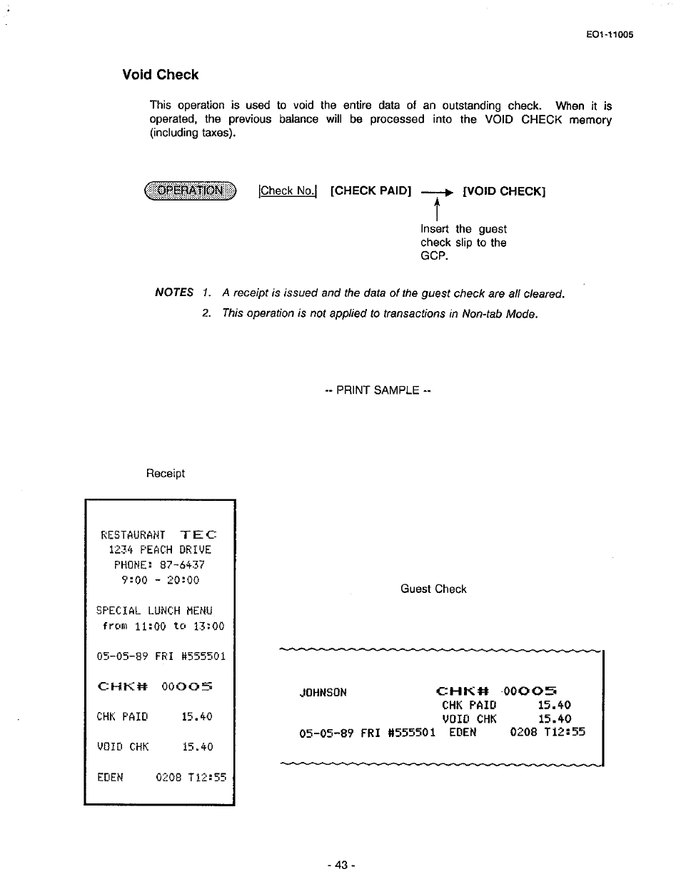 Void check, Check no.| [check paid] ^ [void check, Chk** 00005 | Toshiba TEC FDS-50 User Manual | Page 46 / 104