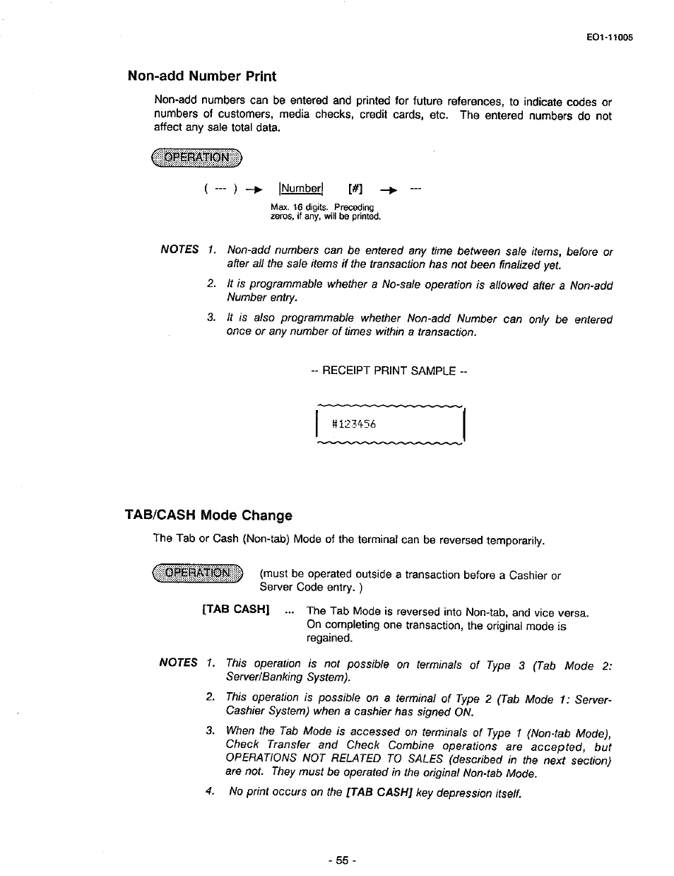 Non-add number print, Tab/cash mode change | Toshiba TEC FDS-50 User Manual | Page 58 / 104