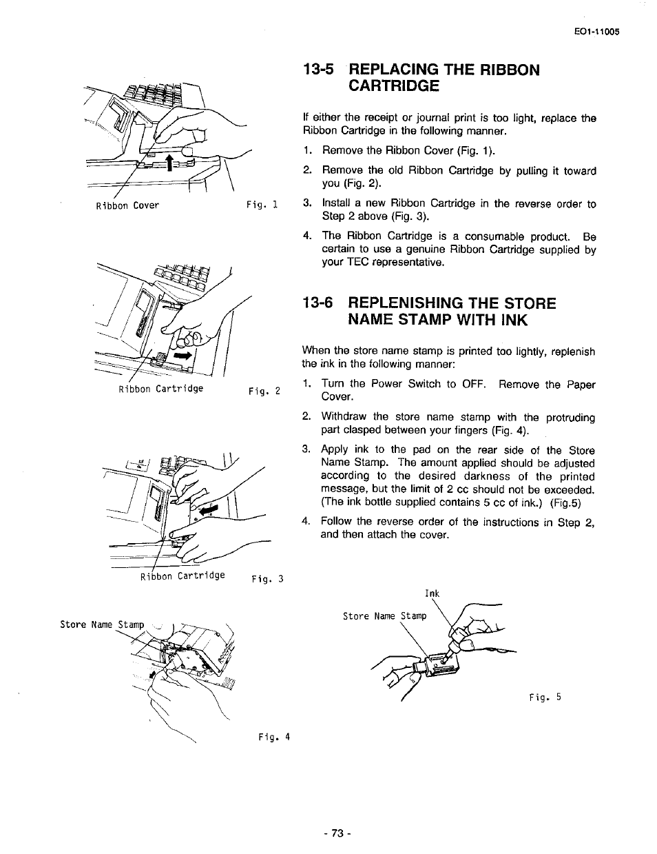 5 replacing the ribbon cartridge, 6 replenishing the store name stamp with ink | Toshiba TEC FDS-50 User Manual | Page 76 / 104