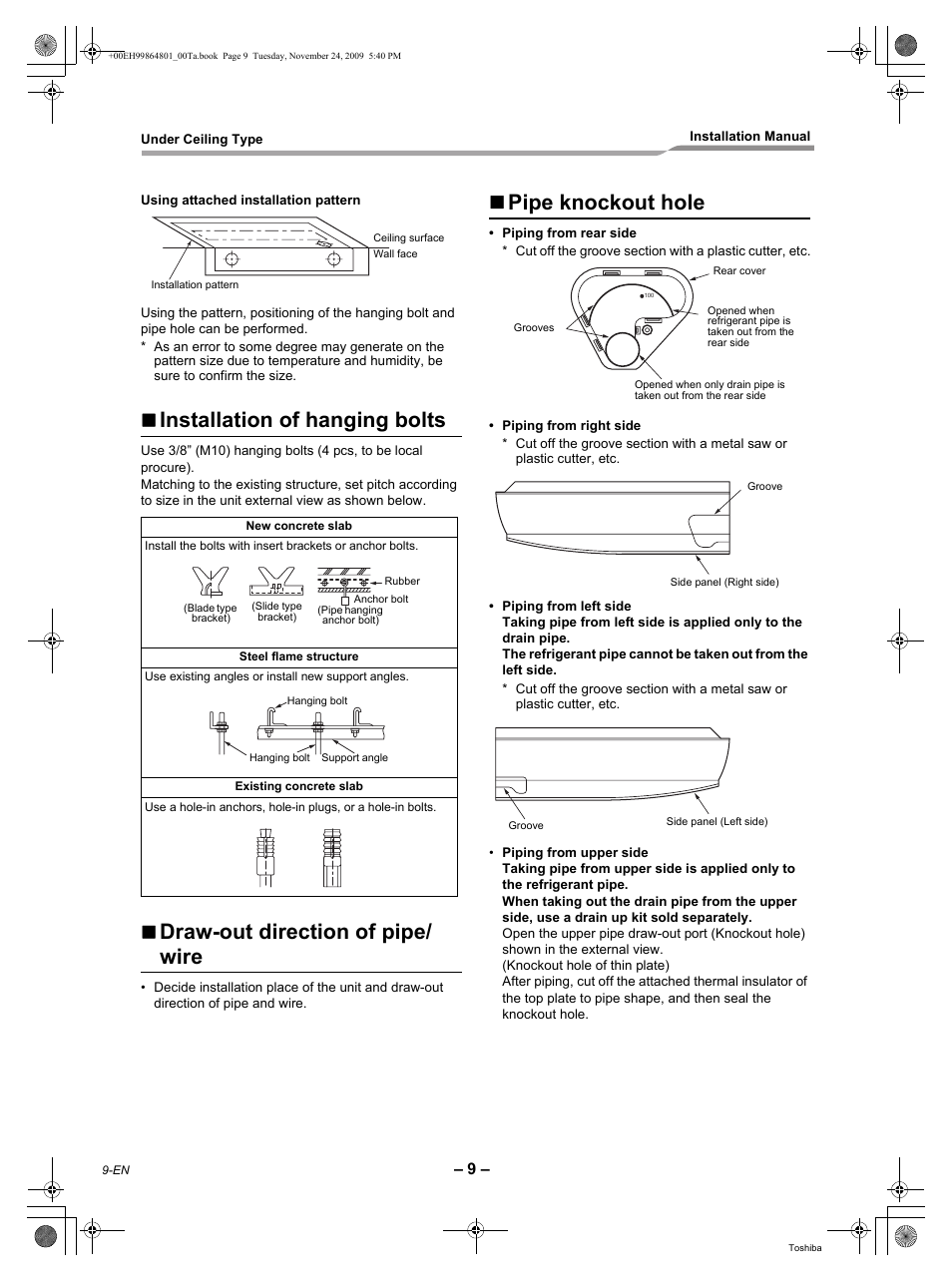 Installation of hanging bolts, Draw-out direction of pipe/ wire, Pipe knockout hole | Toshiba CARRIER RAV-SP420CT-UL User Manual | Page 10 / 34