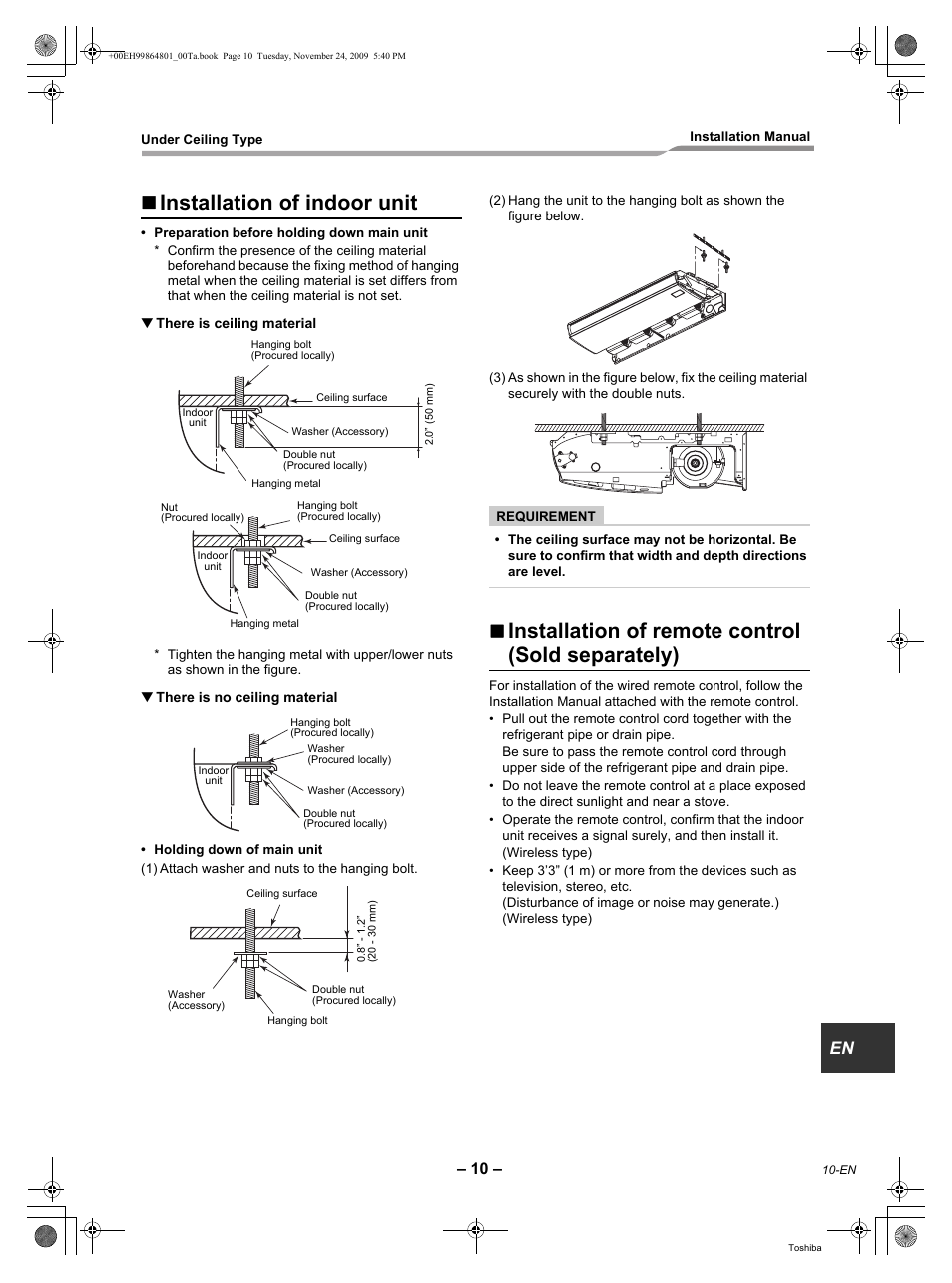 Installation of indoor unit, Installation of remote control (sold separately) | Toshiba CARRIER RAV-SP420CT-UL User Manual | Page 11 / 34