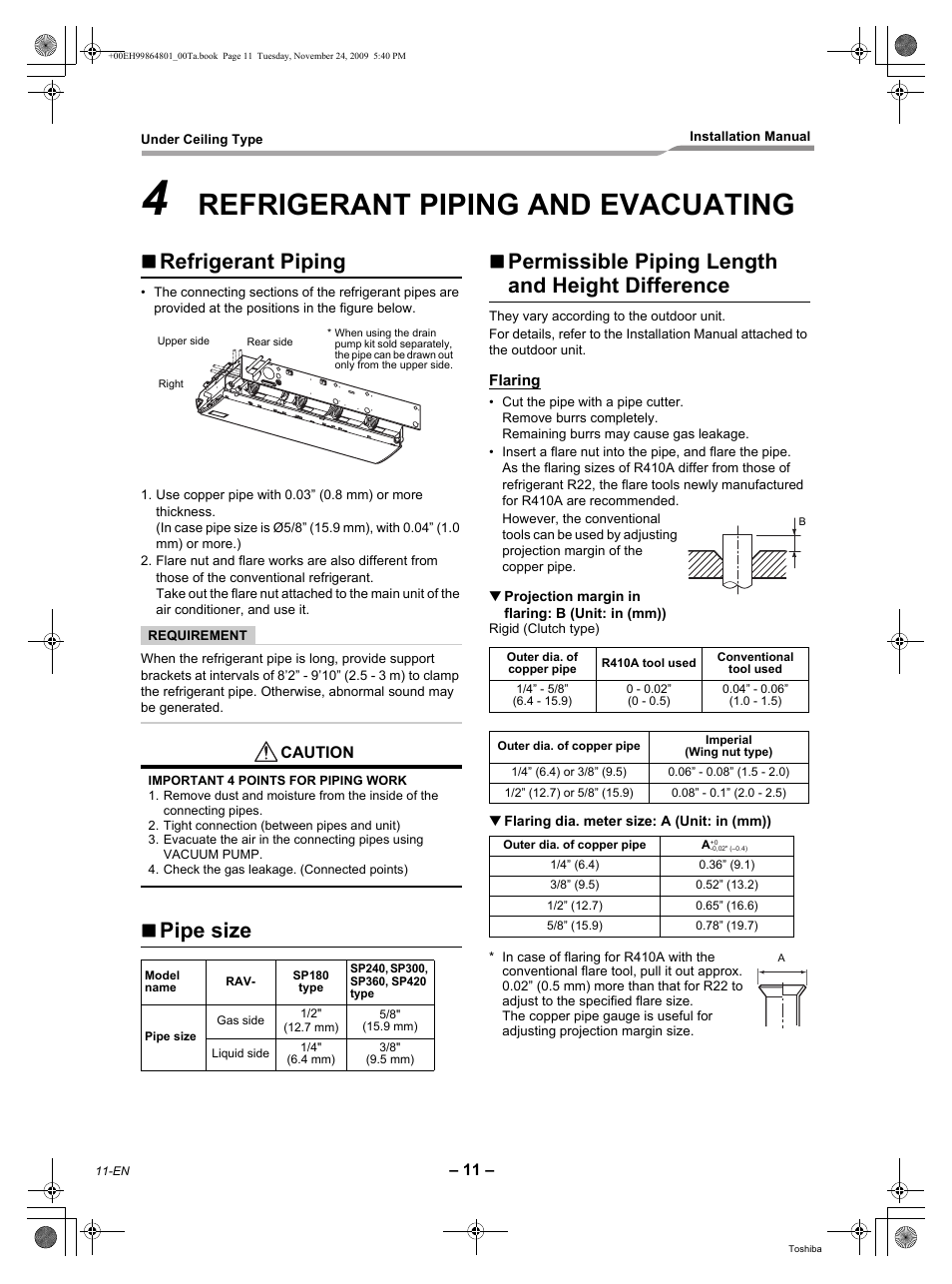 Refrigerant piping and evacuating, Refrigerant piping | Toshiba CARRIER RAV-SP420CT-UL User Manual | Page 12 / 34