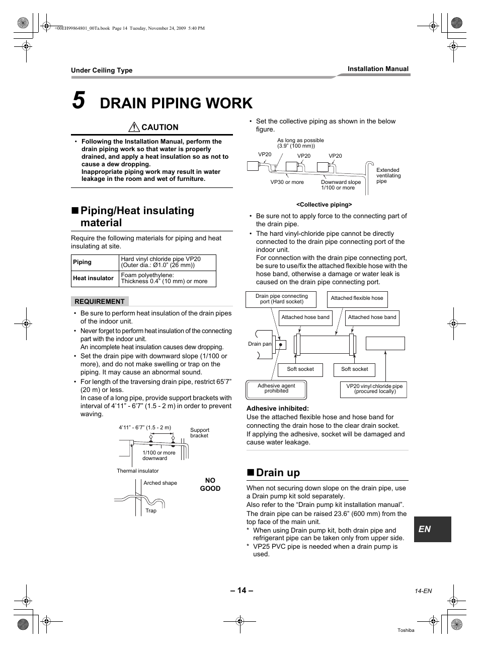 Drain piping work, Piping/heat insulating material, Drain up | Toshiba CARRIER RAV-SP420CT-UL User Manual | Page 15 / 34