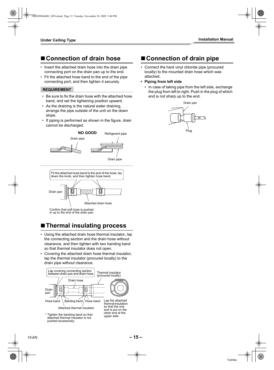 Connection of drain hose, Thermal insulating process, Connection of drain pipe | Toshiba CARRIER RAV-SP420CT-UL User Manual | Page 16 / 34