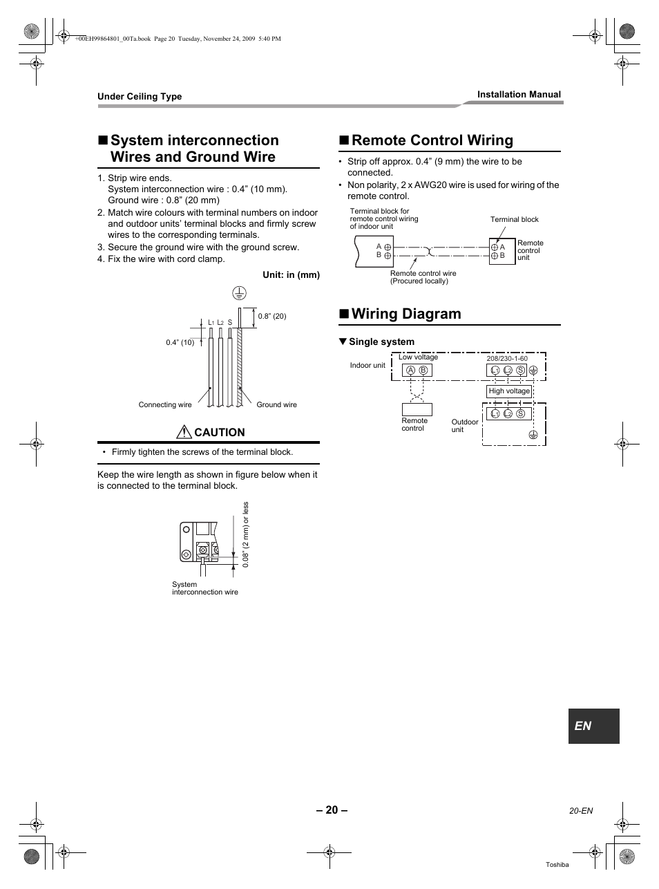 System interconnection wires and ground wire, Remote control wiring, Wiring diagram | Caution | Toshiba CARRIER RAV-SP420CT-UL User Manual | Page 21 / 34