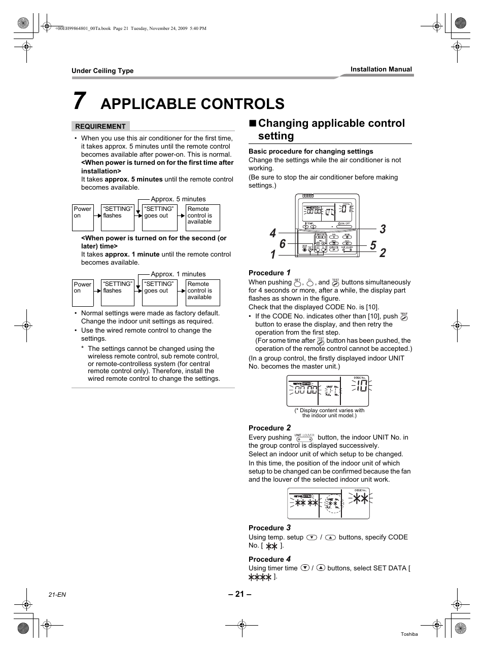 Applicable controls, Changing applicable control setting | Toshiba CARRIER RAV-SP420CT-UL User Manual | Page 22 / 34