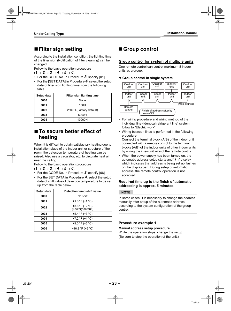 Filter sign setting, Group control | Toshiba CARRIER RAV-SP420CT-UL User Manual | Page 24 / 34