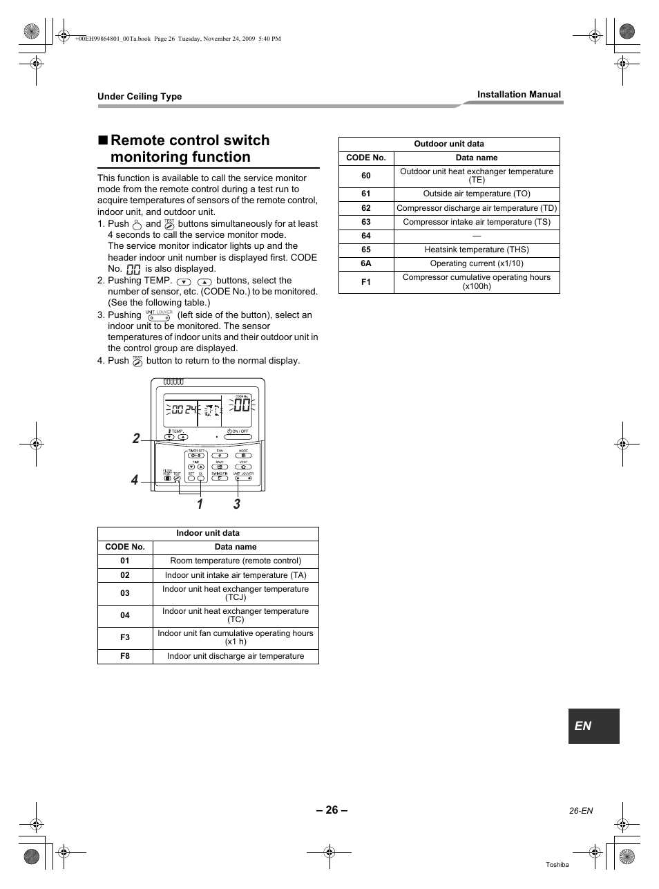 Remote control switch monitoring function | Toshiba CARRIER RAV-SP420CT-UL User Manual | Page 27 / 34