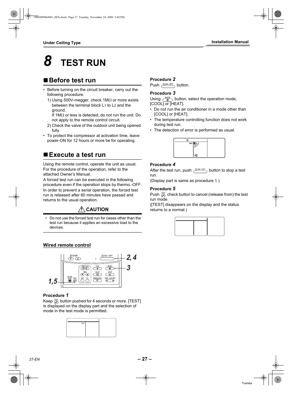 Test run, Before test run, Execute a test run | Toshiba CARRIER RAV-SP420CT-UL User Manual | Page 28 / 34
