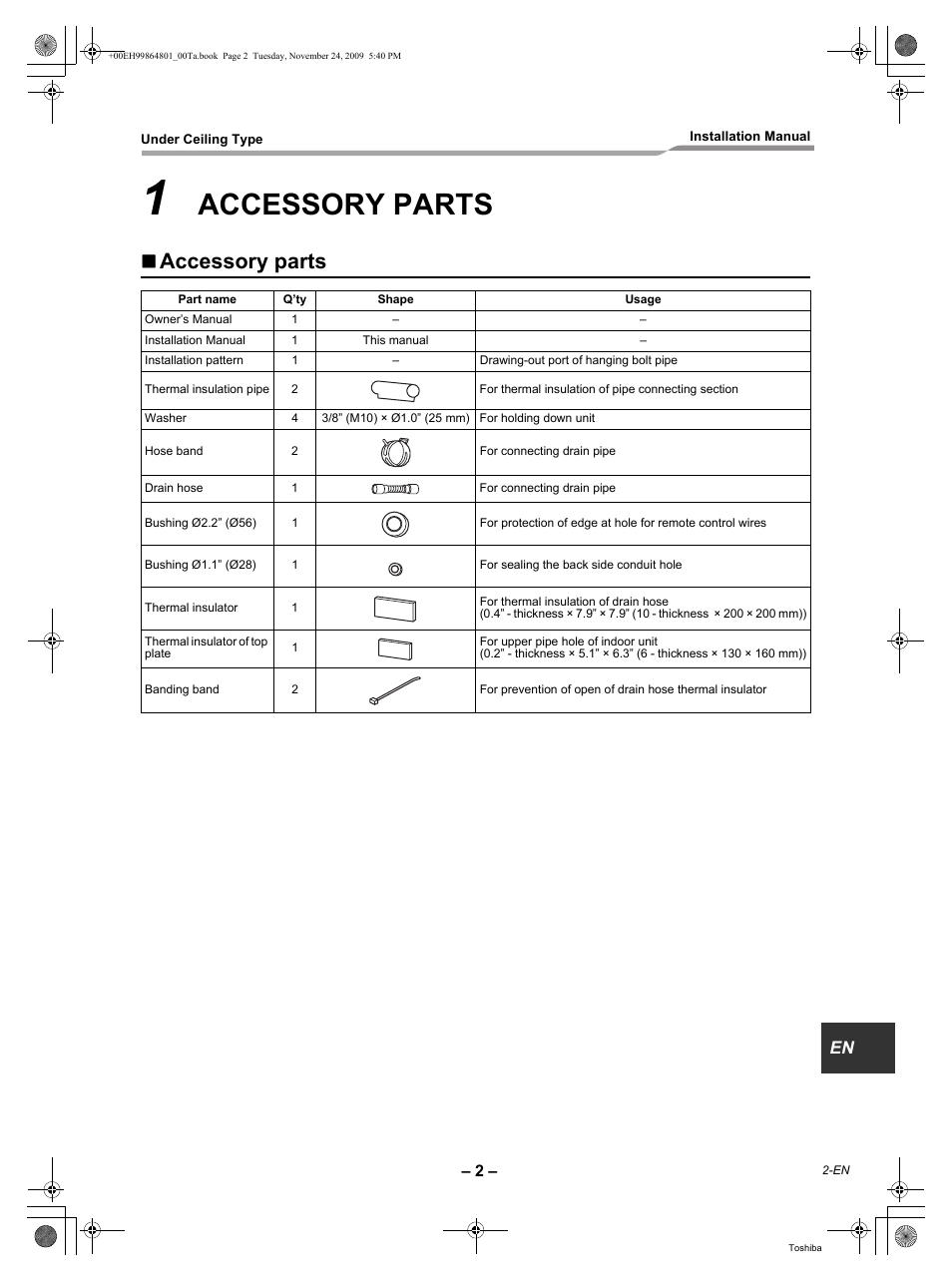 Accessory parts | Toshiba CARRIER RAV-SP420CT-UL User Manual | Page 3 / 34