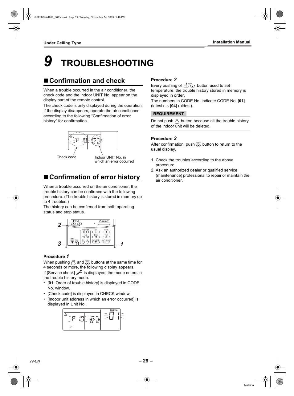 Troubleshooting, Confirmation and check, Confirmation of error history | Toshiba CARRIER RAV-SP420CT-UL User Manual | Page 30 / 34