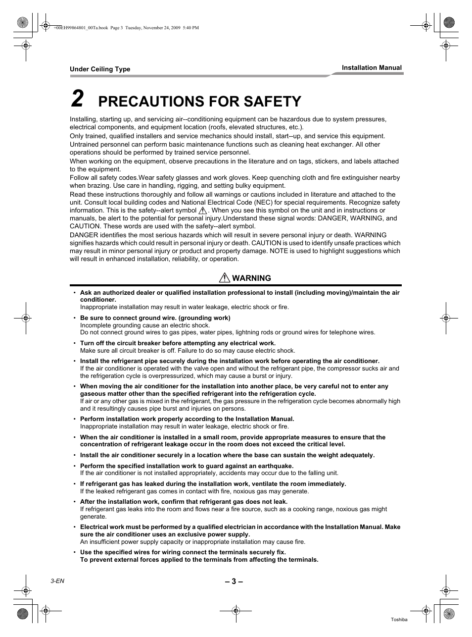 Precautions for safety | Toshiba CARRIER RAV-SP420CT-UL User Manual | Page 4 / 34