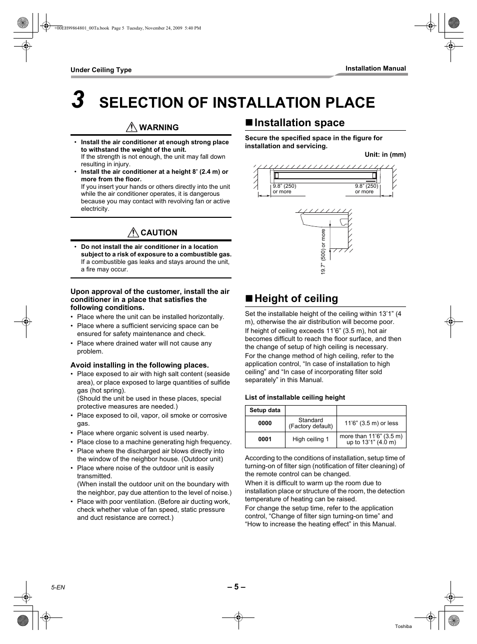 Selection of installation place, Installation space, Height of ceiling | Toshiba CARRIER RAV-SP420CT-UL User Manual | Page 6 / 34