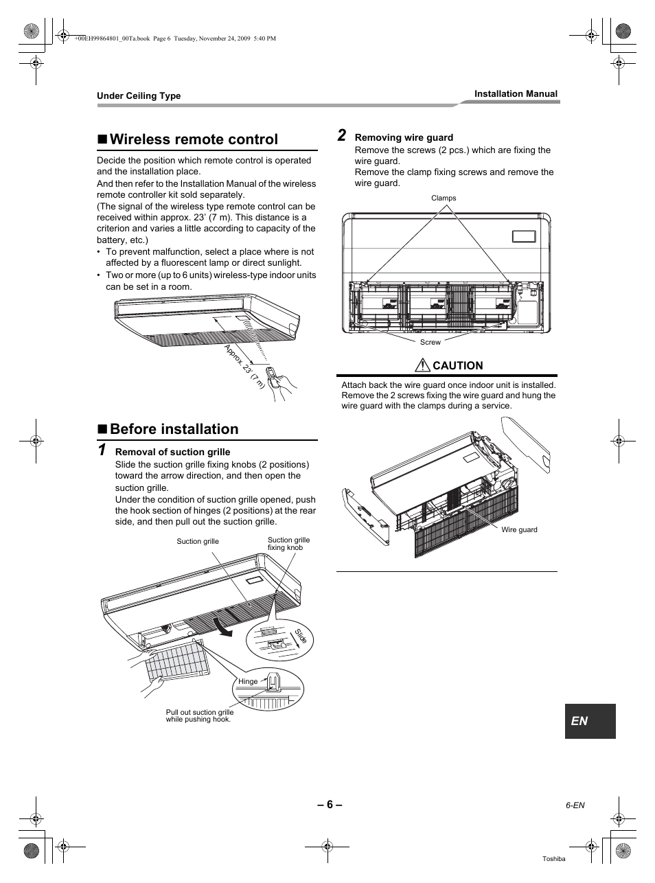 Wireless remote control, Before installation | Toshiba CARRIER RAV-SP420CT-UL User Manual | Page 7 / 34