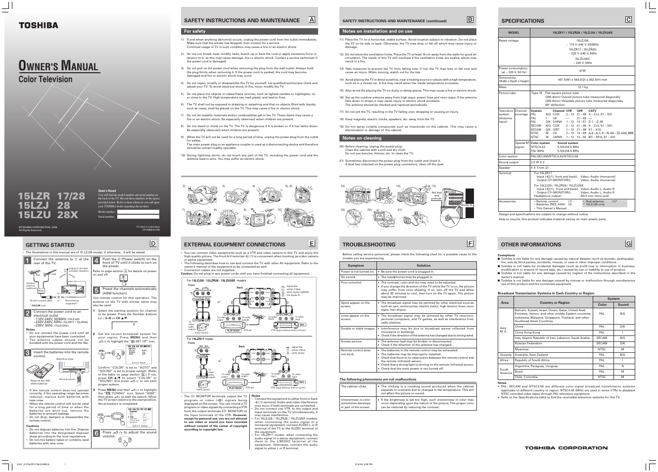 Toshiba 15LZR28 User Manual | 2 pages