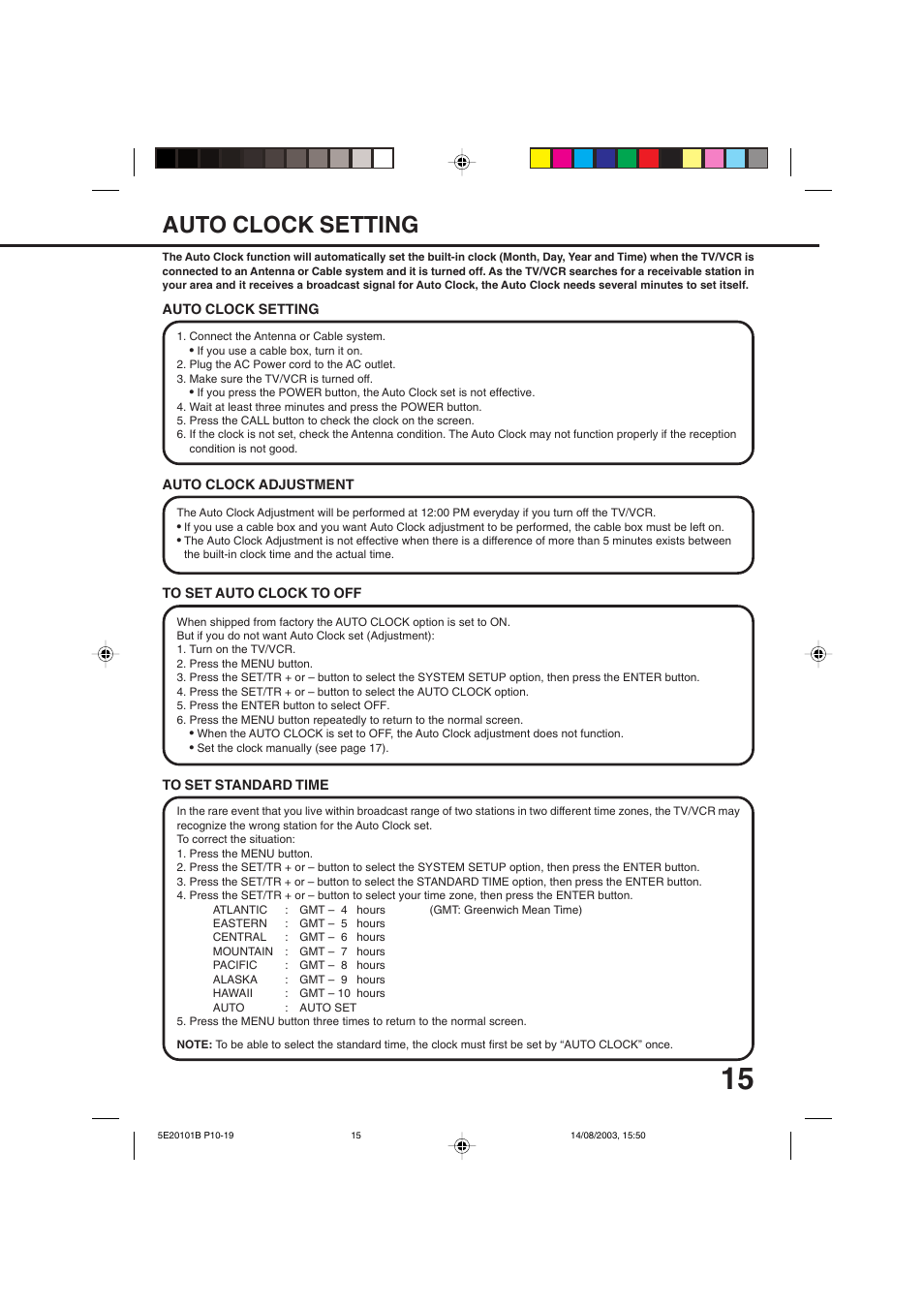 Auto clock setting | Toshiba MV19N2/W User Manual | Page 17 / 56