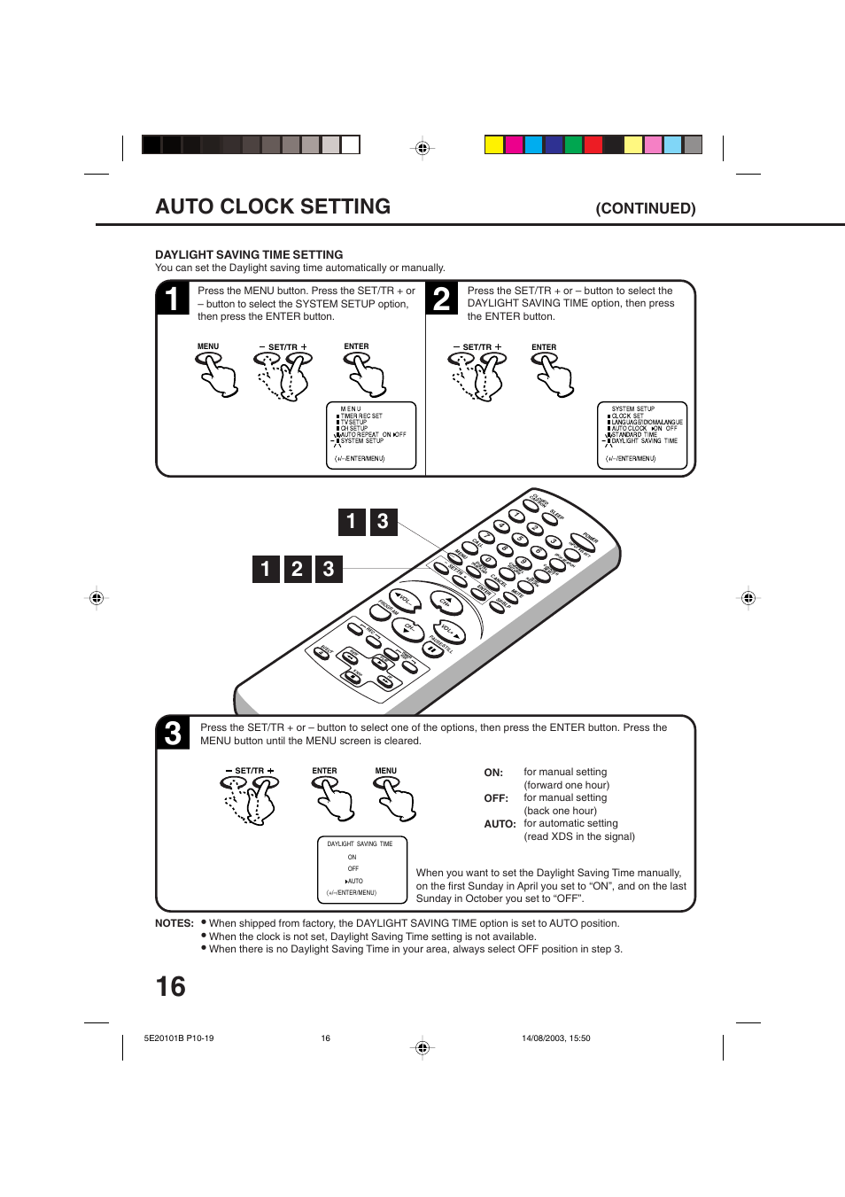 Auto clock setting, Continued), Daylight saving time setting | Toshiba MV19N2/W User Manual | Page 18 / 56